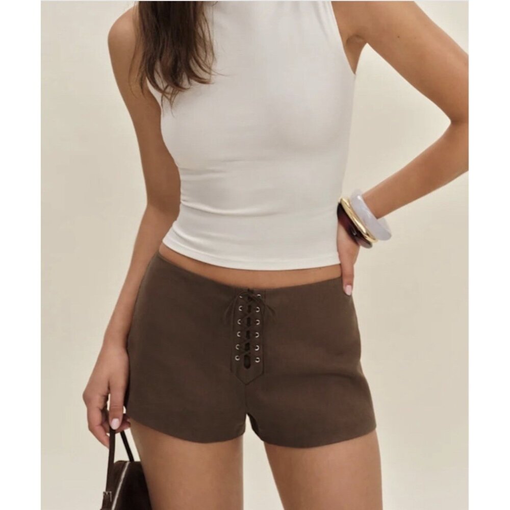 Reformation Quin Chocolate Cake‎ Tie Front Linen Shorts Size 10 Lined